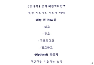 12
( 논리적 ) 문제 해결력이란 ?
특정 비즈니스 이슈에 대해
-Why 와 How 를
- 넓고
- 깊고
- 구조적이고
- 명료하고
-(Optional) 빠르게
해결책을 도출하는 능력
 
