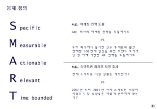 21
문제 정의
S pecific
M easurable
A ctionable
R elevant
T ime bounded
e.g., 마케팅 전략 도출
ABC 회사의 마케팅 전략을 도출하시오
VS
우리 회사에서 출시한 신규 휴대폰의 월간
판매량 100 만대 달성을 위한 브랜드 포지셔
닝 및 이에 기반한 4P 전략을 도출하시오
e.g., 스마트폰 회사의 시장 조사
현재 스마트폰 시장 상황은 어떠한가 ?
VS
2007 년 부터 2011 년 까지 스마트폰 시장의
시장크기 및 성장율은 어떻게 변화하여 왔는
가 ?
 