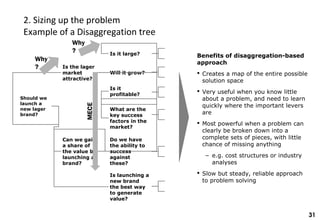 31
2. Sizing up the problem
Example of a Disaggregation tree
Should we
launch a
new lager
brand?
Is the lager
market
attractive?
Can we gain
a share of
the value by
launching a
brand?
Benefits of disaggregation-based
approach
 Creates a map of the entire possible
solution space
 Very useful when you know little
about a problem, and need to learn
quickly where the important levers
are
 Most powerful when a problem can
clearly be broken down into a
complete sets of pieces, with little
chance of missing anything
– e.g. cost structures or industry
analyses
 Slow but steady, reliable approach
to problem solving
Is it large?
Will it grow?
Is it
profitable?
What are the
key success
factors in the
market?
Is launching a
new brand
the best way
to generate
value?
Do we have
the ability to
success
against
these?
Why
?
Why
?
MECE
 