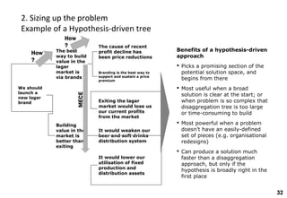 32
2. Sizing up the problem
Example of a Hypothesis-driven tree
We should
launch a
new lager
brand
The best
way to build
value in the
lager
market is
via brands
Building
value in the
market is
better than
exiting
Benefits of a hypothesis-driven
approach
 Picks a promising section of the
potential solution space, and
begins from there
 Most useful when a broad
solution is clear at the start; or
when problem is so complex that
disaggregation tree is too large
or time-consuming to build
 Most powerful when a problem
doesn’t have an easily-defined
set of pieces (e.g. organisational
redesigns)
 Can produce a solution much
faster than a disaggregation
approach, but only if the
hypothesis is broadly right in the
first place
The cause of recent
profit decline has
been price reductions
Branding is the best way to
support and sustain a price
premium
Exiting the lager
market would lose us
our current profits
from the market
It would lower our
utilisation of fixed
production and
distribution assets
It would weaken our
beer and soft drinks
distribution system
How
?
How
?
MECE
 