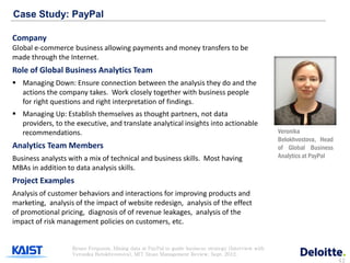 Case Study: PayPal

Company
Global e-commerce business allowing payments and money transfers to be
made through the Internet.
Role of Global Business Analytics Team
 Managing Down: Ensure connection between the analysis they do and the
  actions the company takes. Work closely together with business people
  for right questions and right interpretation of findings.
 Managing Up: Establish themselves as thought partners, not data
  providers, to the executive, and translate analytical insights into actionable
  recommendations.                                                                                    Veronika
                                                                                                      Belokhvostova, Head
Analytics Team Members                                                                                of Global Business
Business analysts with a mix of technical and business skills. Most having                            Analytics at PayPal
MBAs in addition to data analysis skills.
Project Examples
Analysis of customer behaviors and interactions for improving products and
marketing, analysis of the impact of website redesign, analysis of the effect
of promotional pricing, diagnosis of of revenue leakages, analysis of the
impact of risk management policies on customers, etc.


                   Renee Ferguson, Mining data at PayPal to guide business strategy (Interview with
                   Veronika Belokhvostova), MIT Sloan Management Review, Sept. 2012.
                                                                                                                            42
 