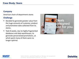 Case Study: Sears


Company
American chain of department stores
Challenge
 Decided to generate greater value from
  the huge amounts of customer, product
  and promotion data collected from its
  stores.
 Took 8 weeks, due to highly fragmented
  databases and data warehouses, to
  generate personalized promotions, at
  which point many of them were no
  longer optimal.




                    Andrew McAfee and Erik Brynjolfsson, Big data: the management
                    revolution, Harvard Business Review, Oct. 2012.
                                                                                    46
 