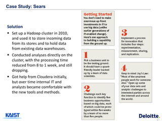 Case Study: Sears



Solution
 Set up a Hadoop cluster in 2010,
  and used it to store incoming data
  from its stores and to hold data
  from existing data warehouses.
 Conducted analyses directly on the
  cluster, with the processing time
  reduced from 8 to 1 week, and still
  dropping.
 Got help from Cloudera initially,
  but over time internal IT and
  analysts became comfortable with
  the new tools and methods.




                                        47
 