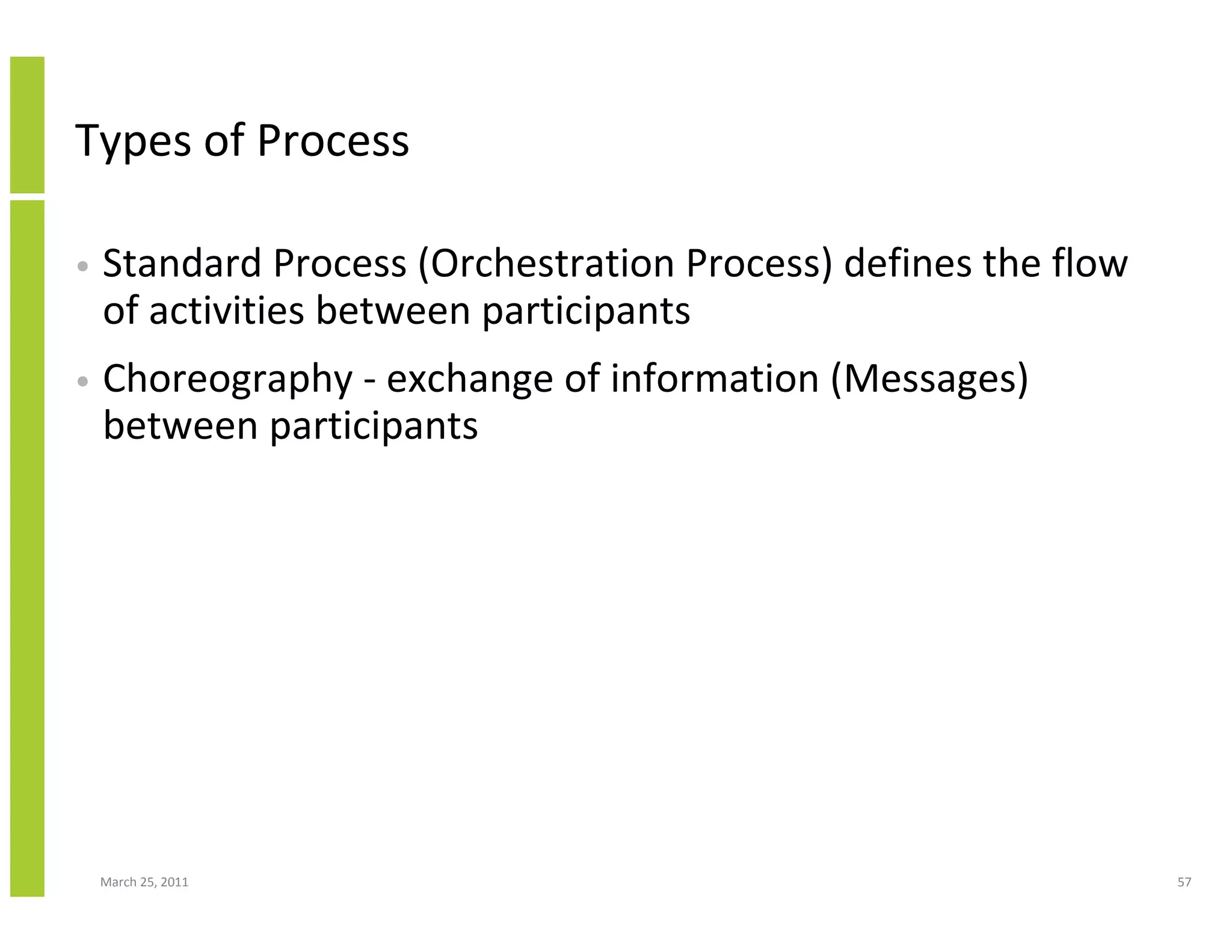 March 25, 2011 57
Types of Process
• Standard Process (Orchestration Process) defines the flow
of activities between participants
• Choreography - exchange of information (Messages)
between participants
 