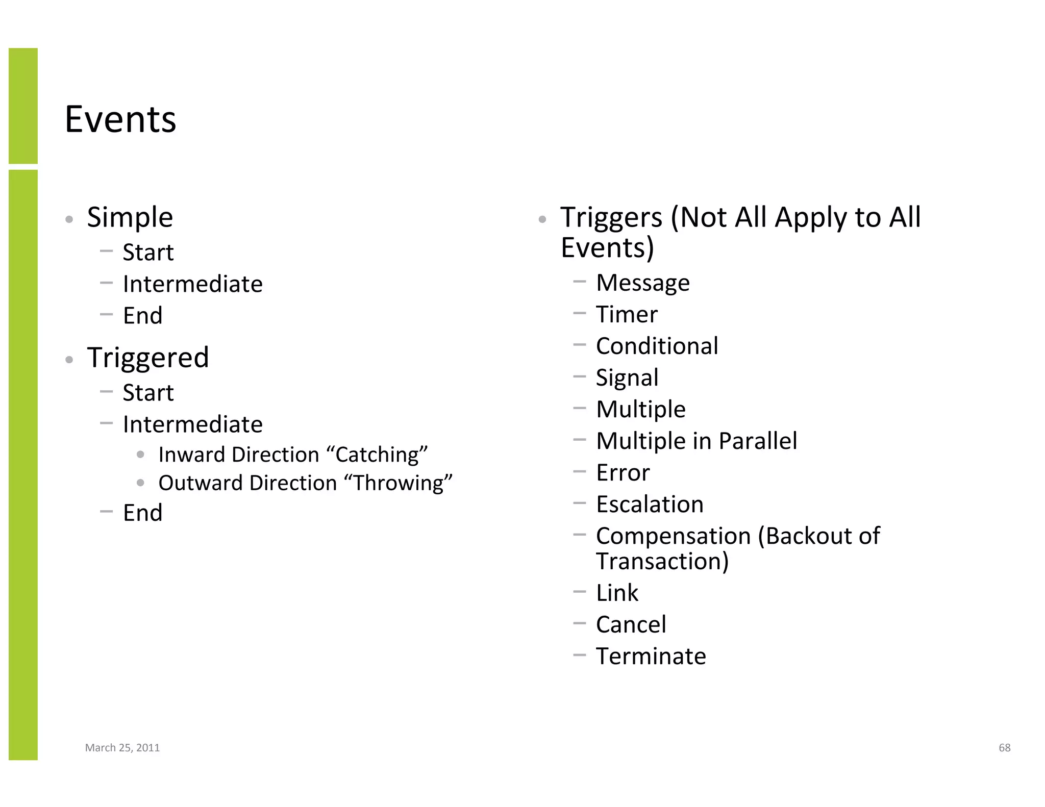 March 25, 2011 68
Events
• Simple
− Start
− Intermediate
− End
• Triggered
− Start
− Intermediate
• Inward Direction “Catching”
• Outward Direction “Throwing”
− End
• Triggers (Not All Apply to All
Events)
− Message
− Timer
− Conditional
− Signal
− Multiple
− Multiple in Parallel
− Error
− Escalation
− Compensation (Backout of
Transaction)
− Link
− Cancel
− Terminate
 