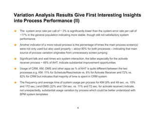 Variation Analysis Results Give First Interesting Insights
into Process Performance (II)

  The system error rate per call of ~ 2% is significantly lower than the system error rate per call of
  ~17% in the general population indicating more stable, though still not satisfactory system
  performance

  Another indicator of a more robust process is the percentage of times the main process screen(s)
  were not only used but also used properly – about 90% for both processes – indicating that main
  source of process variation originates from unnecessary screen jumping

  Significant talk and wait times w/o system interaction, the latter especially for the activate
  receiver process ~ 48% of AHT, indicate substantial improvement opportunities

  Usage of CRM, KM, OMS and other apps as % of AHT is quite different between the two
  processes e.g. KM: 11% for Schedule/Reschedule vs. 6% for Activate Receiver and 72% vs.
  82% for CRM but indicates that majority of time is spent in CRM system

  The frequency and average time of system usage per process for KM (9% and 49 sec. vs. 19%
  and 172 sec.) and OMS (22% and 154 sec. vs. 11% and 72 sec. for activate receiver) indicate,
  not unexpectedly, substantial usage variation by process which could be better understood with
  BPM system templates



                                                    4
 