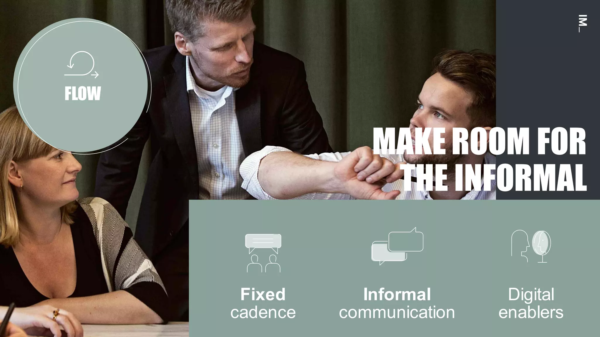 11
FLOW
MAKE ROOM FOR
THE INFORMAL
Digital
enablers
Informal
communication
Fixed
cadence
 