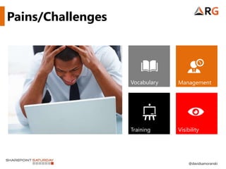 Pains/Challenges




                   Vocabulary   Management




                   Training     Visibility




                                     @davidsamoranski
 