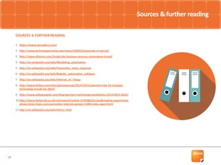 19
SOURCES & FURTHER READING
1.	 https://www.qorusdocs.com/
2.	 http://www.technologyreview.com/news/428402/automate-or-perish/
3.	 http://www.allstarss.com/inside-the-business-process-automation-trend/
4.	 http://en.wikipedia.org/wiki/Marketing_automation
5.	 http://en.wikipedia.org/wiki/Interactive_voice_response
6.	 http://en.wikipedia.org/wiki/Robotic_automation_software
7.	 http://en.wikipedia.org/wiki/Internet_of_Things
8.	 http://www.forbes.com/sites/gartnergroup/2014/10/21/gartners-top-10-strategic-
technology-trends-for-2015/
9.	 http://www.alibabaoglan.com/blog/gartners-technology-predictions-2014-2015-2016/
10.	http://www.dailymail.co.uk/sciencetech/article-2742486/Groundbreaking-experiment-
allows-brain-brain-communication-internet-people-5-000-miles-apart.html
11.	http://en.wikipedia.org/wiki/Henry_Ford
Sources & further reading
 