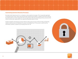 8
Automating Sensitive Business Processes
No matter what industry you’re in, a company is only as good as its people. This is especially applicable
in the government sector, where the personal data of government leaders or defence personnel needs to
be treated with the utmost integrity for their own personal safety. By automating business processes that
utilise sensitive data, organisations can operate with greater peace of mind.
Another example is the financial services industry, where ease of access to financial data and banking
systems could increase the likelihood of a person committing fraud. If the process is performed by
automation software, however, the company faces less risk.
 