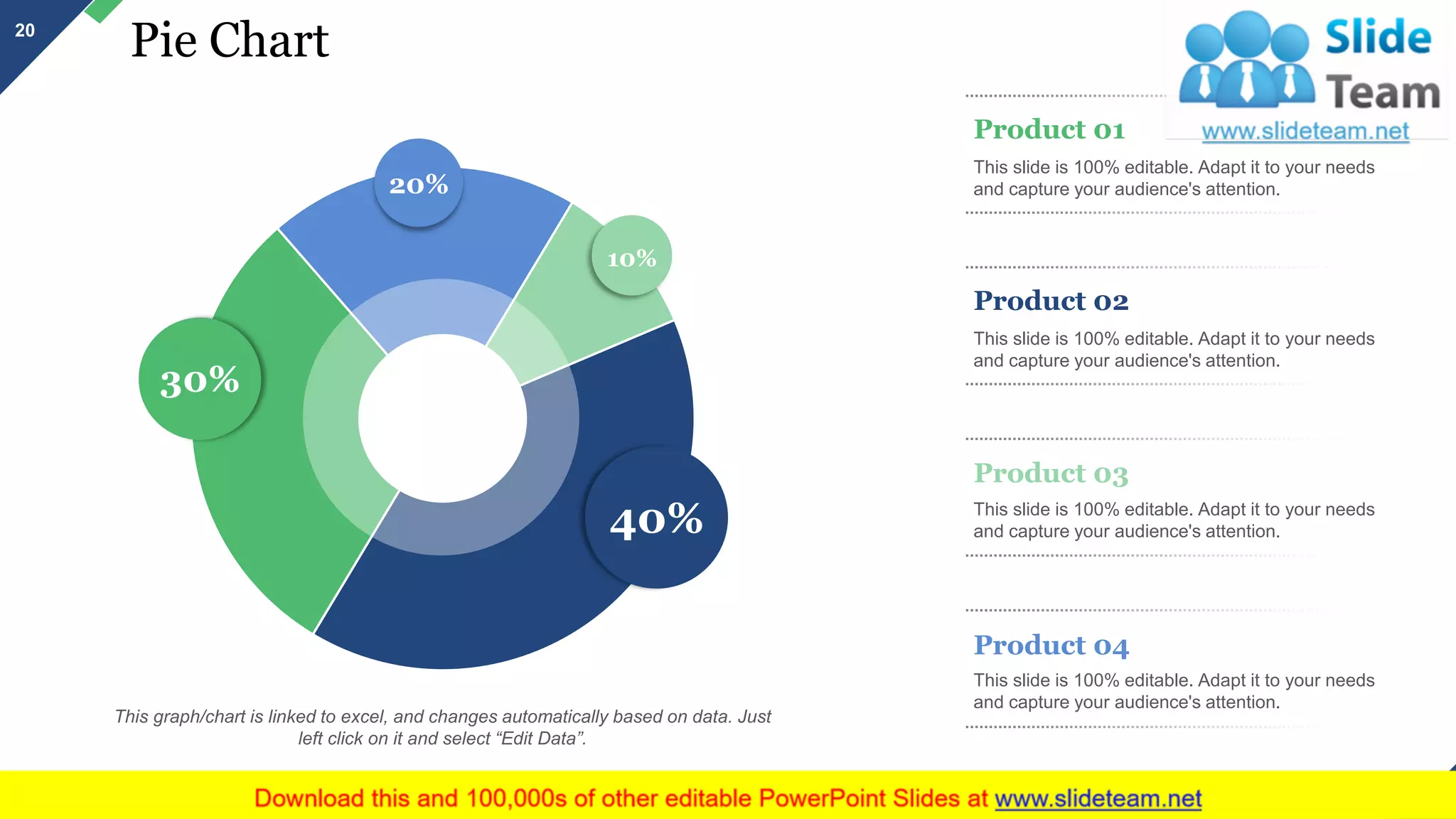 Pie Chart
This graph/chart is linked to excel, and changes automatically based on data. Just
left click on it and select “Edit Data”.
40%
30%
20%
10%
Product 01
This slide is 100% editable. Adapt it to your needs
and capture your audience's attention.
Product 03
This slide is 100% editable. Adapt it to your needs
and capture your audience's attention.
Product 04
This slide is 100% editable. Adapt it to your needs
and capture your audience's attention.
Product 02
This slide is 100% editable. Adapt it to your needs
and capture your audience's attention.
20
 