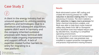 Case Study 2
A client in the energy industry had an
unsound approach to utilizing existing
platforms and technologies. Due to a
divestiture and subsequent acquisition,
systems didn’t work in harmony and
the company inherited outdated
processes with heavy technical debt
which made ongoing improvement
and support difficult. A lack of
expertise created further barriers to
entry for migrating to a
new platform.
Results
Ricoh eliminated custom .NET coding and
created AR invoicing process for a 20%
reduction in decision-making time for faster
processing of invoices. The client realized a
50% reduction in legacy macro processes for
faster chemical interactions analysis, and
Ricoh was able to help them move material
safety data sheets from SAP to Sharepoint
with workflow tools that helped reduce code
by 200,000 lines, resulting in a simplified
operating environment.
A new program of control and transparency
for stakeholders over new processes was
installed to support proactive management
and process improvement moving forward.
Process Automation
for An Unpredictable Tomorrow
17
 