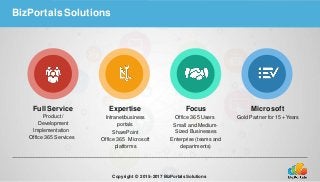 BizPortals Solutions
Full Service
Product /
Development
Implementation
Office 365 Services
Expertise
Intranet/business
portals
SharePoint
Office 365 Microsoft
platforms
Focus
Office 365 Users
Small and Medium-
Sized Businesses
Enterprise (teams and
departments)
Microsoft
Gold Partner for 15+ Years
Copyright © 2015–2017 BizPortals Solutions
 