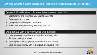 Getting Started with Business Process Automation on Office 365
Option 1: Build Business Process Automation on Your Own
 Create forms and workflows you wish to automate
 Document the process
 Configure/customize your Office 365
 Invest a lot time and money with increased risk
Copyright © 2015–2017 BizPortals Solutions
Option 2: Go with a turnkey Office 365 Solution
 Leverage ready-to-go forms, automation, and integration
 Avoid recreating the wheel
 Get ongoing product updates, maintenance, and support
 Save time and money with reduced risk and quicker ROI
 