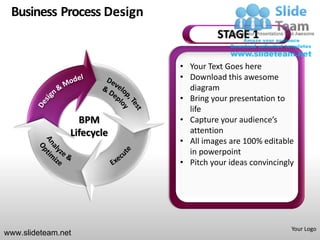 Business Process Design
                                      STAGE 1

                            • Your Text Goes here
                            • Download this awesome
                              diagram
                            • Bring your presentation to
                              life
                  BPM       • Capture your audience’s
                Lifecycle     attention
                            • All images are 100% editable
                              in powerpoint
                            • Pitch your ideas convincingly




                                                          Your Logo
www.slideteam.net
 
