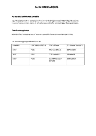 SAHIL INTERNATIONAL
PURCHASE ORGANIZATION
A purchase organizationisanorganizational levelthatnegotiatesconditionof purchase with
vendorsforone or more plants. it islegallyresponsible forcompletingpurchasingcontracts.
Purchasing group
Is the keyfor a buyeror group of buyersresponsible forcertainpurchasingactivities.
The purchasinggroupsdefinedforSKNT
COMPANY PURCHASINGGROUP DESCRIPTION TELEPHONE NUMBER
SKNT PG01 RAW MATERIALS 8879317292
SKNT PG02 CONSUMABLES 982008413
SKNT PG03 MAINTAINENCE/
REPAIRS
9920429460
 