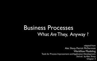 Business Processes!
What Are They, Anyway ?
adapted from!

Alec Sharp, Patrick McDermott!

Workﬂow Modeling!

Tools for Process Improvement and Application Development. !
2nd ed. by Alec Sharp!
Chapter 3

 