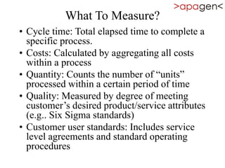What To Measure?
• Cycle time: Total elapsed time to complete a
specific process.
• Costs: Calculated by aggregating all costs
within a process
• Quantity: Counts the number of “units”
processed within a certain period of time
• Quality: Measured by degree of meeting
customer’s desired product/service attributes
(e.g.. Six Sigma standards)
• Customer user standards: Includes service
level agreements and standard operating
procedures
 