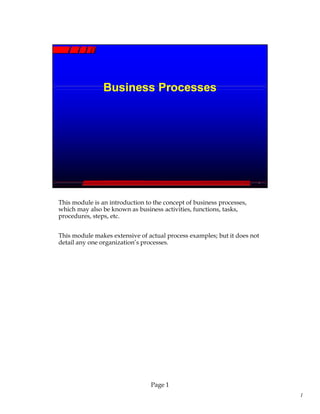 This module is an introduction to the concept of business processes,
which may also be known as business activities, functions, tasks,
procedures, steps, etc.


This module makes extensive of actual process examples; but it does not
detail any one organization’s processes.




                                 Page 1
                                                                          1
 