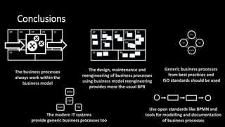 Conclusions
KP KA VP CR CS
KR CH
CS RS
The modern IT systems
provide generic business processes too
KP KA VP CR CS
KR CH
CS RS
The design, maintenance and
reengineering of business processes
using business model reengineering
provides more the usual BPR
Plan
Do
Check
Act
Generic business processes
from best practices and
ISO standards should be used
ERP
BPM
PMSales
The business processes
always work within the
business model
Use open standards like BPMN and
tools for modelling and documentation
of business processes
 