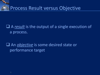 Process Result versus Objective


 A result is the output of a single execution of
 a process.

 An objective is some desired state or
 performance target



  5
 