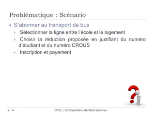 Problématique : Scénario
S’abonner au transport de bus







4

Sélectionner la ligne entre l’école et le logement
Choisir la réduction proposée en justifiant du numéro
d’étudiant et du numéro CROUS
Inscription et payement

BPEL – Orchestration de Web Services

 