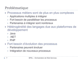Problématique
Processus métiers sont de plus en plus complexes







Applications multiples à intégrer
Fort besoin de paralléliser les processus
Partenaires à intégrer sont nombreux

Hétérogénéité des langages due aux plateformes de
développement







Java
.NET
PHP

Fort besoin d’évolution des processus






7

Partenaires peuvent évoluer
Intégration de nouveaux processus
BPEL – Orchestration de Web Services

 