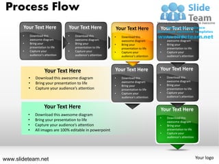 Process Flow
       Your Text Here                 Your Text Here             Your Text Here             Your Text Here
       •       Download this          •   Download this          •   Download this          •   Download this
               awesome diagram            awesome diagram            awesome diagram            awesome diagram
       •       Bring your             •   Bring your             •   Bring your             •   Bring your
               presentation to life       presentation to life       presentation to life       presentation to life
       •       Capture your           •   Capture your           •   Capture your           •   Capture your
               audience’s attention       audience’s attention       audience’s attention       audience’s attention



                         Your Text Here                          Your Text Here             Your Text Here
           •       Download this awesome diagram                 •   Download this          •   Download this
                                                                     awesome diagram            awesome diagram
           •       Bring your presentation to life                                          •   Bring your
                                                                 •   Bring your
           •       Capture your audience’s attention                 presentation to life       presentation to life
                                                                 •   Capture your           •   Capture your
                                                                     audience’s attention       audience’s attention


                         Your Text Here                                                     Your Text Here
           •      Download this awesome diagram
                                                                                            •   Download this
           •      Bring your presentation to life                                               awesome diagram
           •      Capture your audience’s attention                                         •   Bring your
           •      All images are 100% editable in powerpoint                                    presentation to life
                                                                                            •   Capture your
                                                                                                audience’s attention




www.slideteam.net                                                                                                      Your logo
 