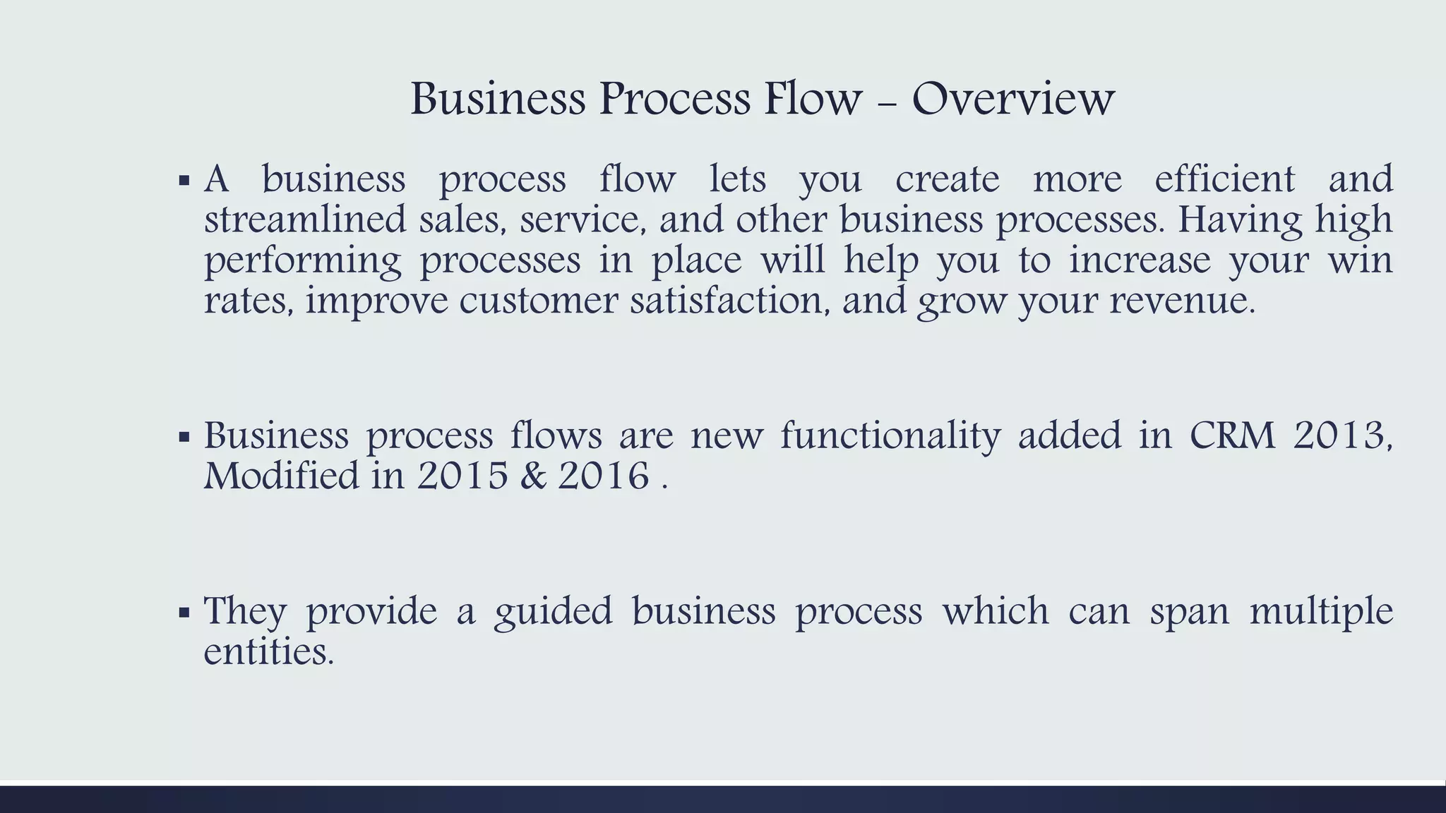 Business Process Flow - Overview
▪ A business process flow lets you create more efficient and
streamlined sales, service, and other business processes. Having high
performing processes in place will help you to increase your win
rates, improve customer satisfaction, and grow your revenue.
▪ Business process flows are new functionality added in CRM 2013,
Modified in 2015 & 2016 .
▪ They provide a guided business process which can span multiple
entities.
 