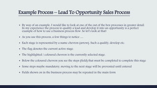 Example Process – Lead To Opportunity Sales Process
▪ By way of an example, I would like to look at one of the out of the box processes in greater detail.
In my experience the process to qualify a lead and develop it into an opportunity is a perfect
example of how to use a business process flow. So let’s look at that!
▪ As you use this process, a few things to notice …
▪ Each stage is represented by a name chevron (arrow). Such a qualify, develop etc.
▪ The flag denotes the current active stage.
▪ The highlighted / coloured chevron is the currently selected stage.
▪ Below the coloured chevron you see the steps (field) that must be completed to complete this stage
▪ Some steps maybe mandatory, moving to the next stage will be prevented until entered
▪ Fields shown on in the business process may be repeated in the main form
 
