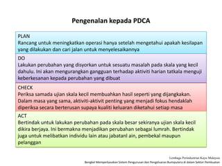 Bengkel Memperkasakan Sistem Pengurusan dan Pengeluaran Bumiputera di dalam Sektor Pembuatan
Lembaga Perindustrian Kayu Malaysia
Pengenalan kepada PDCA
PLAN
Rancang untuk meningkatkan operasi hanya setelah mengetahui apakah kesilapan
yang dilakukan dan cari jalan untuk menyelesaikannya
DO
Lakukan perubahan yang disyorkan untuk sesuatu masalah pada skala yang kecil
dahulu. Ini akan mengurangkan gangguan terhadap aktiviti harian tatkala menguji
keberkesanan kepada perubahan yang dibuat
CHECK
Periksa samada ujian skala kecil membuahkan hasil seperti yang dijangkakan.
Dalam masa yang sama, aktiviti-aktivit penting yang menjadi fokus hendaklah
diperiksa secara berterusan supaya kualiti keluaran diketahui setiap masa
ACT
Bertindak untuk lakukan perubahan pada skala besar sekiranya ujian skala kecil
dikira berjaya. Ini bermakna menjadikan perubahan sebagai lumrah. Bertindak
juga untuk melibatkan individu lain atau jabatanl ain, pembekal maupun
pelanggan
 