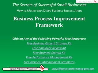 The Secrets of Successful Small Businesses How to Master the 12 Key Business Success Areas Business Process Improvement Framework Click on Any of the Following Powerful Free Resources: Free Business Growth Strategy Kit Free Employee Review Kit Free Business Startup Kit Free Performance Management Kit Free Business Management Templates www.lifecycle-performance-pros.com 