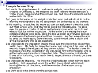 Example Success Story-
Bob wants his widget makers to produce six widgets, have them inspected, and
    shipped to Company B. He supplies the team leaders written direction, a
    verbal lineup, explains what failure looks like, and posts the direction on the
    wall outside his office.
Bob goes to the leader of the widget production team and asks to sit in on the
    morning meeting where the job assignment will be handed to the workers.
In the meeting, he watches the leader go over an assignment sheet that calls
    out what, where, who, and why will be doing the widget builds. He goes
    over the previous modes of failure so the team knows what not to do and
    what to look for in their inspection. At the end of the meeting the leader
    reiterates what is to be done, posts the line-up sheet so everyone can see it
    and releases the team to go about their business. As Bob leaves the area
    he sees the leader going around making sure the work area is clean and
    giving his workers time to ask questions.
Bob then goes to the inspection area to make sure they have their assignment
    well in hand. He finds the Inspection leader and asks her if the team will be
    ready to inspect the widgets as they are completed. The leader shows him
    his lineup sheet that is posted on the wall, takes him to the inspector who is
    gathering his equipment and inspection data. The inspector indicates he
    knows what is coming, how many, how to inspect them and how to get them
    to shipping.
Bob then goes to shipping. He finds the shipping leader in her morning team
    meeting. Bob is pleased to see the written lineup sheet in her hand,
    hearing the verbal directions, and the reminder of what went wrong
    previously.
Bob went back to his office knowing all was well.
 