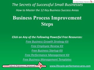 The Secrets of Successful Small Businesses How to Master the 12 Key Business Success Areas Business Process Improvement Steps Click on Any of the Following Powerful Free Resources: Free Business Growth Strategy Kit Free Employee Review Kit Free Business Startup Kit Free Performance Management Kit Free Business Management Templates www.lifecycle-performance-pros.com 