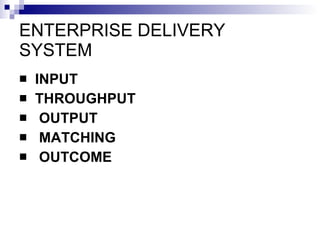 ENTERPRISE DELIVERY SYSTEM INPUT THROUGHPUT OUTPUT MATCHING OUTCOME  