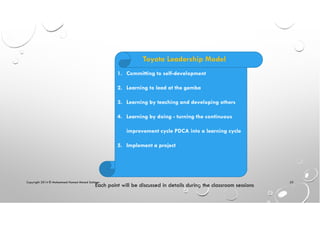 Copyright 2014 © Mohammed Hamed Ahmed Soliman 53
1. Committing to self-development
2. Learning to lead at the gemba
3. Learning by teaching and developing others
4. Learning by doing - turning the continuous
improvement cycle PDCA into a learning cycle
5. Implement a project
Toyota Leadership Model
Each point will be discussed in details during the classroom sessions
 