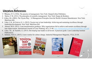 Copyright 2014 © Mohammed Hamed Ahmed Soliman
57
1. Drucker, P. F. (1954). The practice of management. New York: HarperCollins Publishers.
2. Taylor, F. W. (1911). The principles of scientific management. New York: Harper & Brothers.
3. Liker, J.K. (2003). The Toyota Way: 14 Management Principles from the World's Greatest Manufacturer. New York:
MacGraw-hill.
4. Liker, J. K., & Convis, G. L. (2012). Toyota way to lean leadership: Achieving and sustaining excellence through
leadership development. New York: MacGraw-hill.
5. Ahmed, M.H. (2013). Lean transformation guidance: Why organizations fail to achieve and sustain excellence through
lean improvement. International Journal of Lean Thinking, 4(1), 31-40. http://thinkinglean.com/img/files/PAPER_4(2).pdf
6. Liker, J.K., & Trachilis, G. (2015). Developing lean leaders at all levels: A practical guide. Lean Leadership Institute
Publications.
7. Soliman, M.H.A. (2015). A new routine for culture change. Industrial Management Magazine, 57(3), 25-30.
Literature References
 