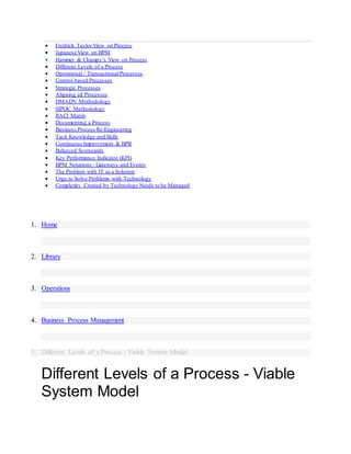  Fredrick Taylor View on Process
 Japanese View on BPM
 Hammer & Champy’s View on Process
 Different Levels of a Process
 Operational / Transactional Processes
 Control based Processes
 Strategic Processes
 Aligning all Processes
 DMADV Methodology
 SIPOC Methodology
 RACI Matrix
 Documenting a Process
 Business Process Re-Engineering
 Tacit Knowledge and Skills
 Continuous Improvement & BPR
 Balanced Scorecards
 Key Performance Indicator (KPI)
 BPM Notations - Gateways and Events
 The Problem with IT as a Solution
 Urge to Solve Problems with Technology
 Complexity Created by Technology Needs to be Managed
1. Home
2. Library
3. Operations
4. Business Process Management
5. Different Levels of a Process - Viable System Model
Different Levels of a Process - Viable
System Model
 