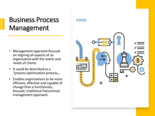 Business Process
Management
• Management approach focused
on aligning all aspects of an
organization with the wants and
needs of clients.
• It could be described as a
"process optimization process„.
• Enables organizations to be more
efficient, effective and capable of
change than a functionally
focused, traditional hierarchical
management approach.
 