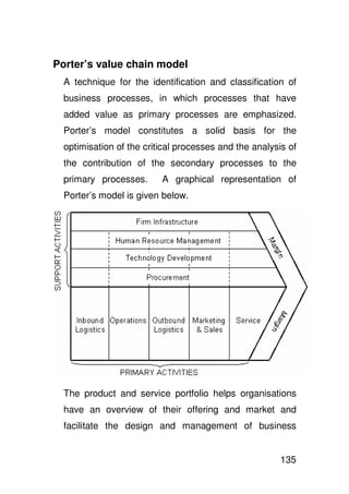 Porter’s value chain model
  A technique for the identification and classification of
  business processes, in which processes that have
  added value as primary processes are emphasized.
  Porter’s model constitutes a solid basis for the
  optimisation of the critical processes and the analysis of
  the contribution of the secondary processes to the
  primary processes.      A graphical representation of
  Porter’s model is given below.




  The product and service portfolio helps organisations
  have an overview of their offering and market and
  facilitate the design and management of business


                                                        135
 