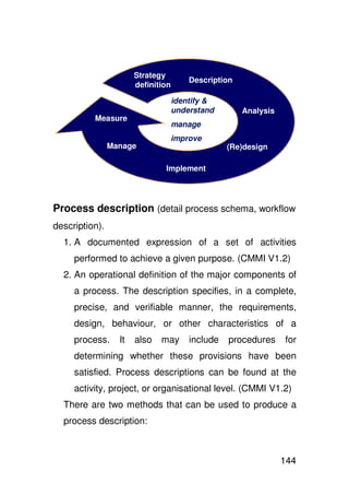 Strategy
                                        Description
                       definition

                                    identify &
                                    understand        Analysis
          Measure
                                    manage
                                improve
                Manage                            ((Re)design

                               Implement




Process description (detail process schema, workflow
description).
  1. A documented expression of a set of activities
     performed to achieve a given purpose. (CMMI V1.2)
  2. An operational definition of the major components of
     a process. The description specifies, in a complete,
     precise, and verifiable manner, the requirements,
     design, behaviour, or other characteristics of a
     process.     It   also   may       include    procedures    for
     determining whether these provisions have been
     satisfied. Process descriptions can be found at the
     activity, project, or organisational level. (CMMI V1.2)
  There are two methods that can be used to produce a
  process description:



                                                                 144
 