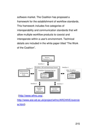 software market. The Coalition has proposed a
framework for the establishment of workflow standards.
This framework includes five categories of
interoperability and communication standards that will
allow multiple workflow products to coexist and
interoperate within a user' environment. Technical
                          s
details are included in the white paper titled “The Work
of the Coalition”.




(http://www.wfmc.org/,
http://www.aiai.ed.ac.uk/project/wfmc/ARCHIVE/overvie
w.html)




                                                     215
 