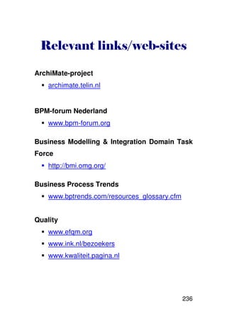 ' .                 . /0          1

ArchiMate-project
    archimate.telin.nl


BPM-forum Nederland
    www.bpm-forum.org

Business Modelling & Integration Domain Task
Force
    http://bmi.omg.org/

Business Process Trends
    www.bptrends.com/resources_glossary.cfm


Quality
    www.efqm.org
    www.ink.nl/bezoekers
    www.kwaliteit.pagina.nl




                                              236
 