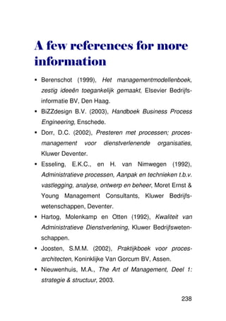 Berenschot (1999), Het managementmodellenboek,
zestig ideeën toegankelijk gemaakt, Elsevier Bedrijfs-
informatie BV, Den Haag.
BiZZdesign B.V. (2003), Handboek Business Process
Engineering, Enschede.
Dorr, D.C. (2002), Presteren met processen; proces-
management      voor   dienstverlenende   organisaties,
Kluwer Deventer.
Esseling, E.K.C., en H. van Nimwegen (1992),
Administratieve processen, Aanpak en technieken t.b.v.
vastlegging, analyse, ontwerp en beheer, Moret Ernst &
Young Management Consultants, Kluwer Bedrijfs-
wetenschappen, Deventer.
Hartog, Molenkamp en Otten (1992), Kwaliteit van
Administratieve Dienstverlening, Kluwer Bedrijfsweten-
schappen.
Joosten, S.M.M. (2002), Praktijkboek voor proces-
architecten, Koninklijke Van Gorcum BV, Assen.
Nieuwenhuis, M.A., The Art of Management, Deel 1:
strategie & structuur, 2003.


                                                   238
 