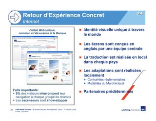 3/4
              Retour d’Expérience Concret
              Internet
              Portail Web Unique,
               Portail Web Unique,                                          Identité visuelle unique à travers
         commun à l’Assurance et la Banque
         commun à l’Assurance et la Banque                                  le monde

                                                                            Les écrans sont conçus en
                                                                            anglais par une équipe centrale

                                                                            La traduction est réalisée en local
                                                                            dans chaque pays

                                                                            Les adaptations sont réalisées
                                                                            localement
                                                                              Contraintes règlementaires
                                                                              Modalités du Marché local

     Faits importants:
      5% des visiteurs interrompent leur
                                                                            Partenaires prédéterminés
      navigation à chaque groupe de champs
      Les ascenseurs sont show-stopper

21    AXA Bank Europe – Business Process Management 2009 – 7 octobre 2009
      Cédric Coiquaud
 