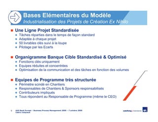 Bases Elémentaires du Modèle
           Industrialisation des Projets de Création Ex Nihilo
    Une Ligne Projet Standardisée
       Tâches réparties dans le temps de façon standard
       Adaptée à chaque projet
       50 livrables clés suivi à la loupe
       Pilotage par les Ecarts


    Organigramme Banque Cible Standardisé & Optimisé
       Fonctions clés uniquement
       Equipes réduites et concentrées
       Optimisation de la communication et des tâches en fonction des volumes


    Equipes de Programme très structurée
       Périmètre scindé en Chantiers
       Responsables de Chantiers & Sponsors responsabilisés
       Contributeurs impliqués
       Tous répondent au Responsable de Programme (même le CEO)



9   AXA Bank Europe – Business Process Management 2009 – 7 octobre 2009
    Cédric Coiquaud
 