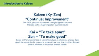 Introduction to Kaizen
Kaizen (Ky-Zen)
“Continual Improvement”
The small, gradual, incremental changes applied over time
that add up to a major impact on business results
Kai = “To take apart”
Zen = “To make good”
Based on the fundamentals of scientific analysis, in which you analyze (take
apart) the elements of a process or system to see how it works, then discover
how to influence or improve it (make it better)
 