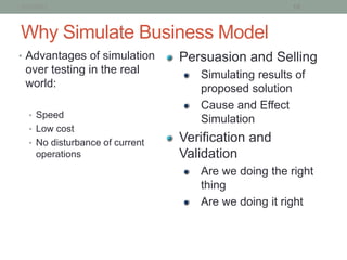 1/21/2013                                            18



Why Simulate Business Model
• Advantages of simulation      Persuasion and Selling
 over testing in the real          Simulating results of
 world:                            proposed solution
                                   Cause and Effect
  • Speed
                                   Simulation
  • Low cost
  • No disturbance of current   Verification and
     operations                 Validation
                                   Are we doing the right
                                   thing
                                   Are we doing it right
 