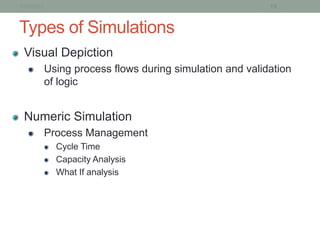 1/21/2013                                                  19


Types of Simulations
 Visual Depiction
            Using process flows during simulation and validation
            of logic


 Numeric Simulation
            Process Management
              Cycle Time
              Capacity Analysis
              What If analysis
 