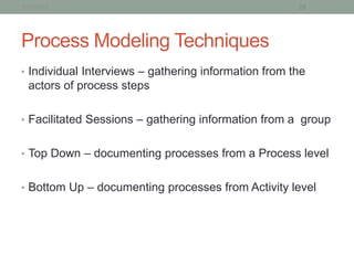 1/21/2013                                             20




Process Modeling Techniques
• Individual Interviews – gathering information from the
  actors of process steps

• Facilitated Sessions – gathering information from a group


• Top Down – documenting processes from a Process level


• Bottom Up – documenting processes from Activity level
 